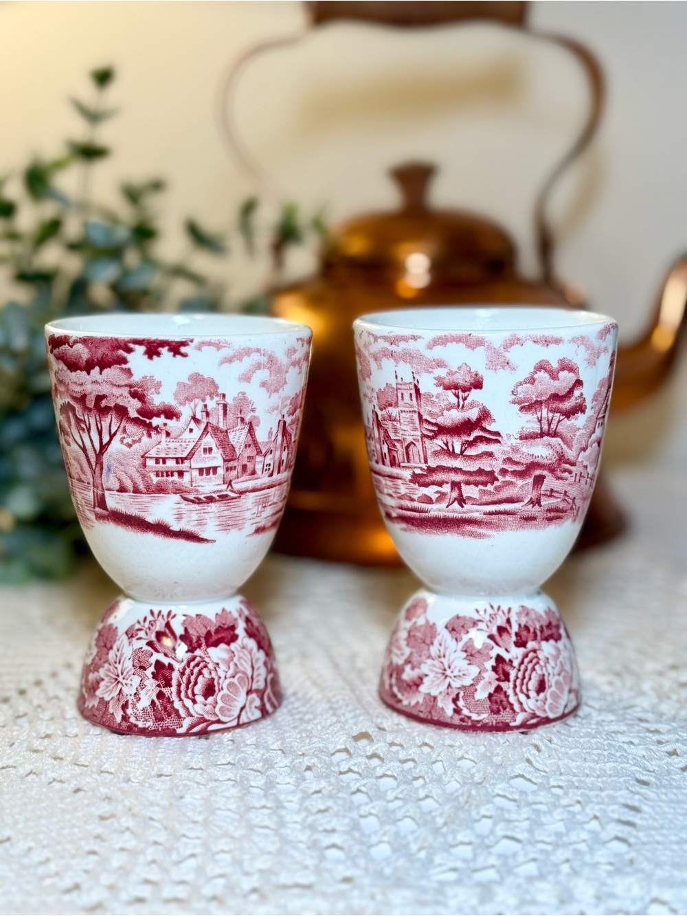 Vintage Red Transferware Egg Cups - Pair